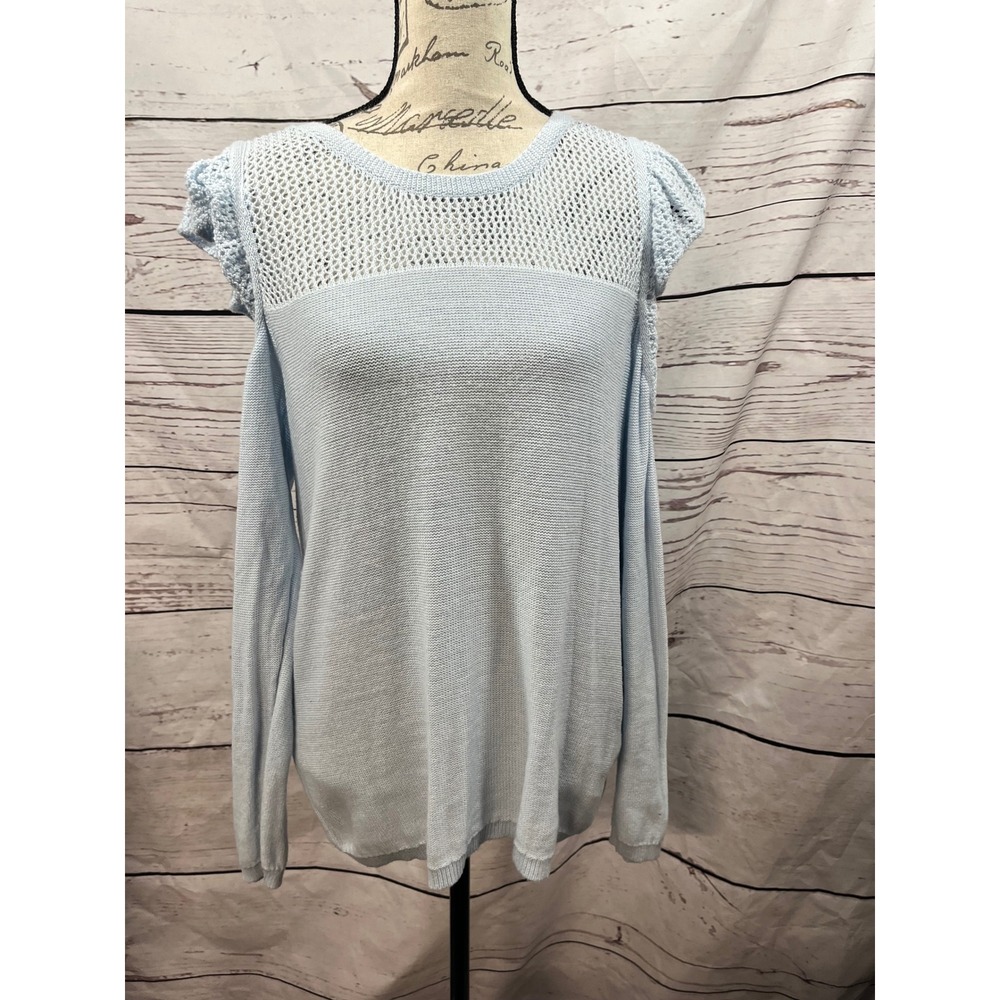 LC Lauren Conrad Womens Blue Cold Shoulder Open Knit Ruffle Sweater Large